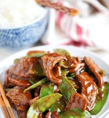 Beef with Pea Pods and rice - Chinese Cuisine