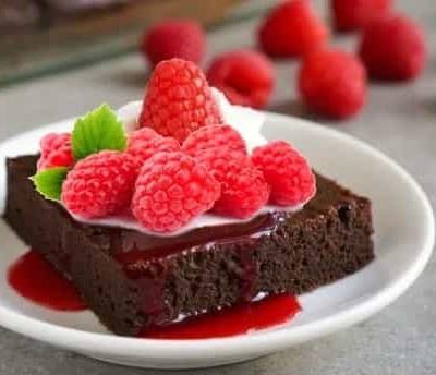 Brownie Cake with Raspberry Sauce