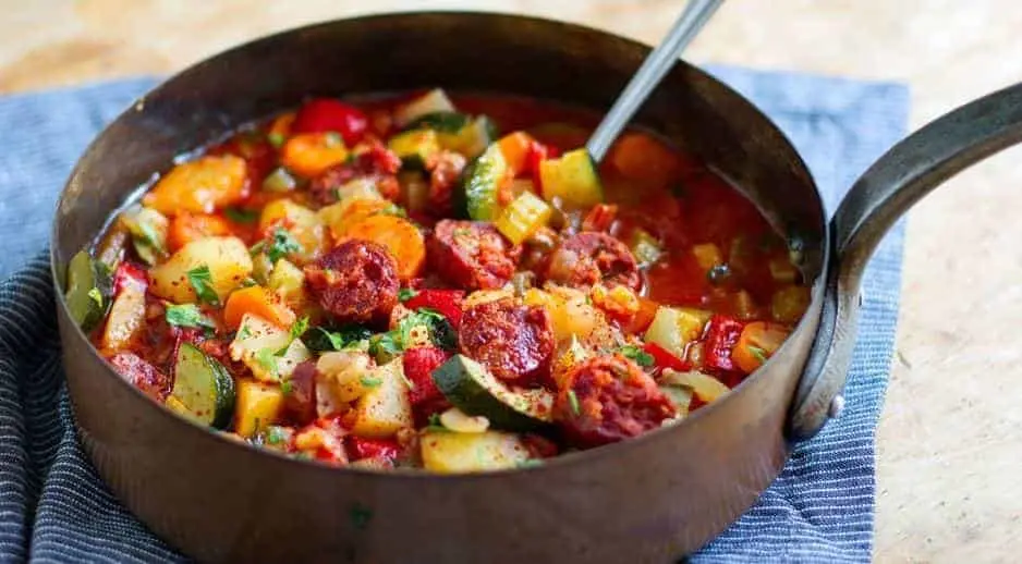 Chorizo Sausages, Potato Stew, Red Wine & Bacon