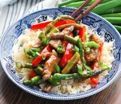 Beef, Asparagus over Chinese rice