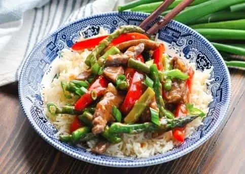 Marinated Beef, Asparagus, & Rice