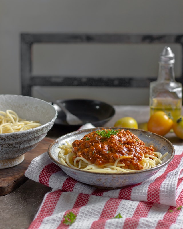 Spaghetti Bolognaise in a bowl on the countertop